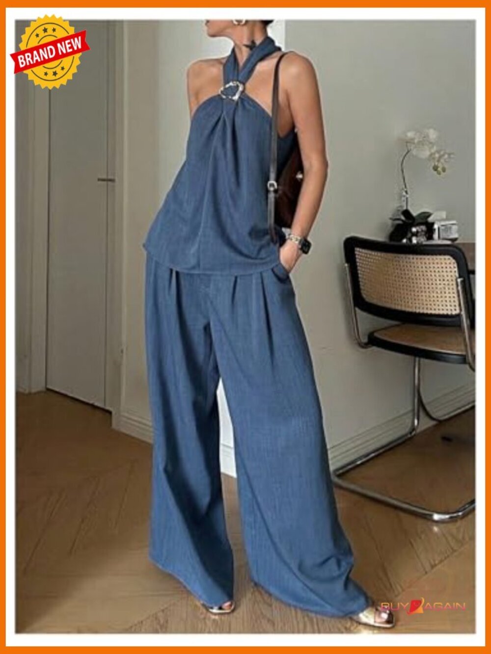 Polyester Halter Tank Top and Wide Leg Pants Matching Set Size Small - Picture 4 of 6